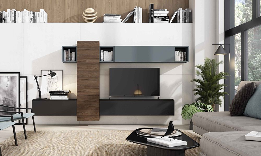 Mueble suspendido de salón en nogal combinado con negro mate con un módulo colgado en color azul grisáceo.