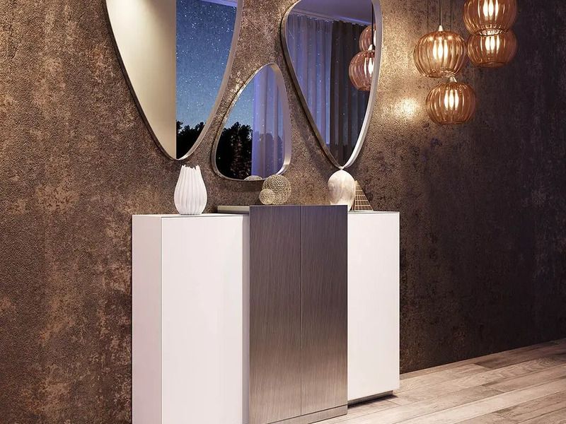 Conjunto recibidor con mueble zapatero en color blanco-plata y tres espejos.